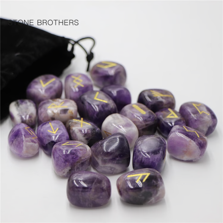 Freedom Natural Amethyst Crystal Runes Stones, Divination Agate Rune Set for Fortune-telling, Reiki Healing