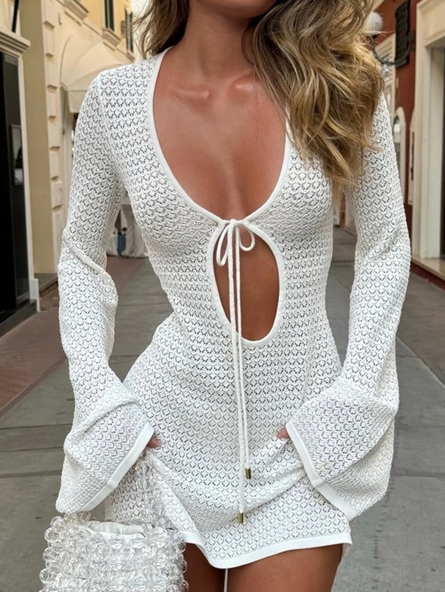 White Knitted Mini Summer Dress Sheer Vacation Beach Cover Up