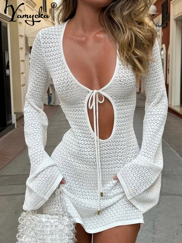 White Knitted Mini Summer Dress Sheer Vacation Beach Cover Up